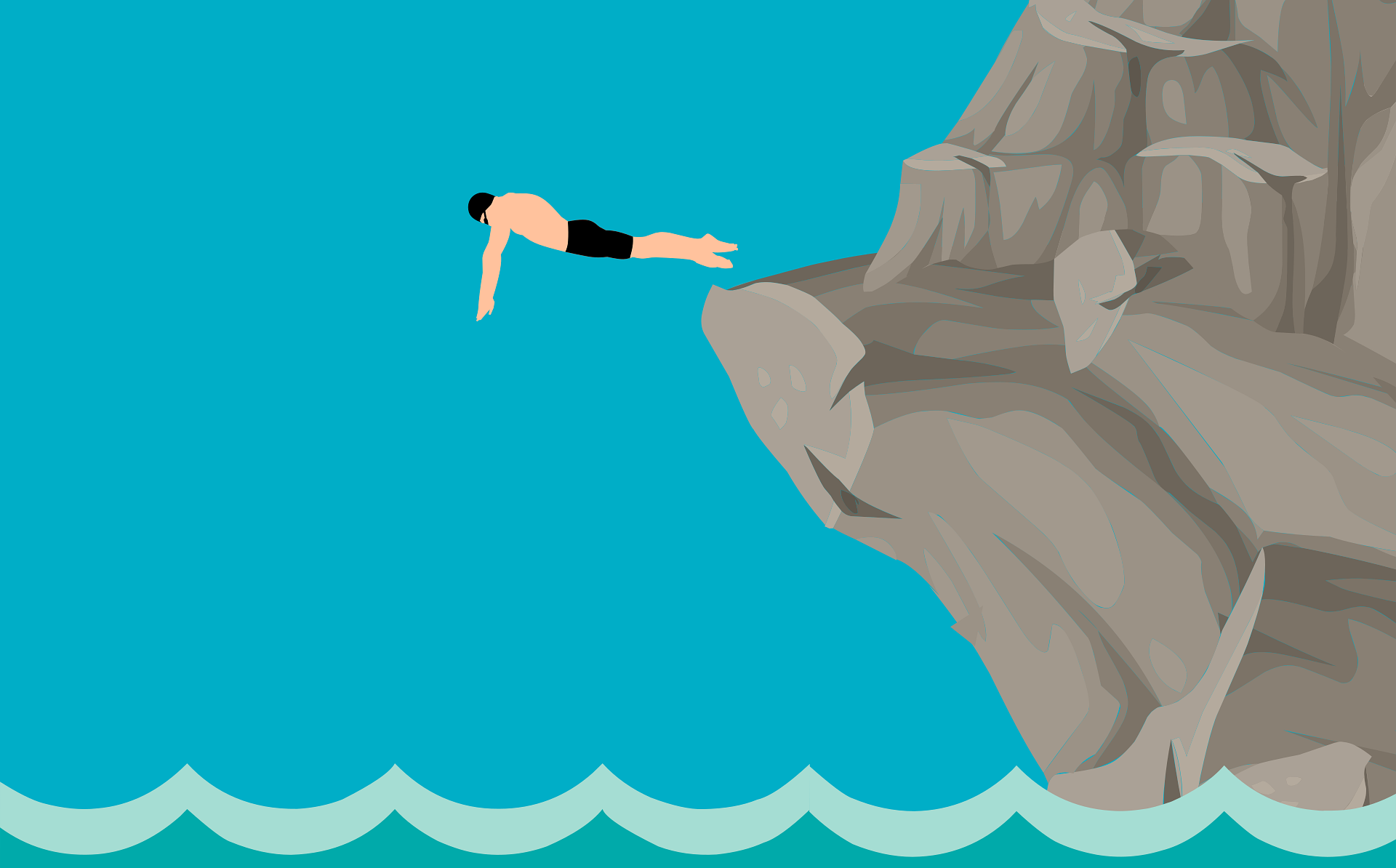 man doing a high dive into water off of a cliff