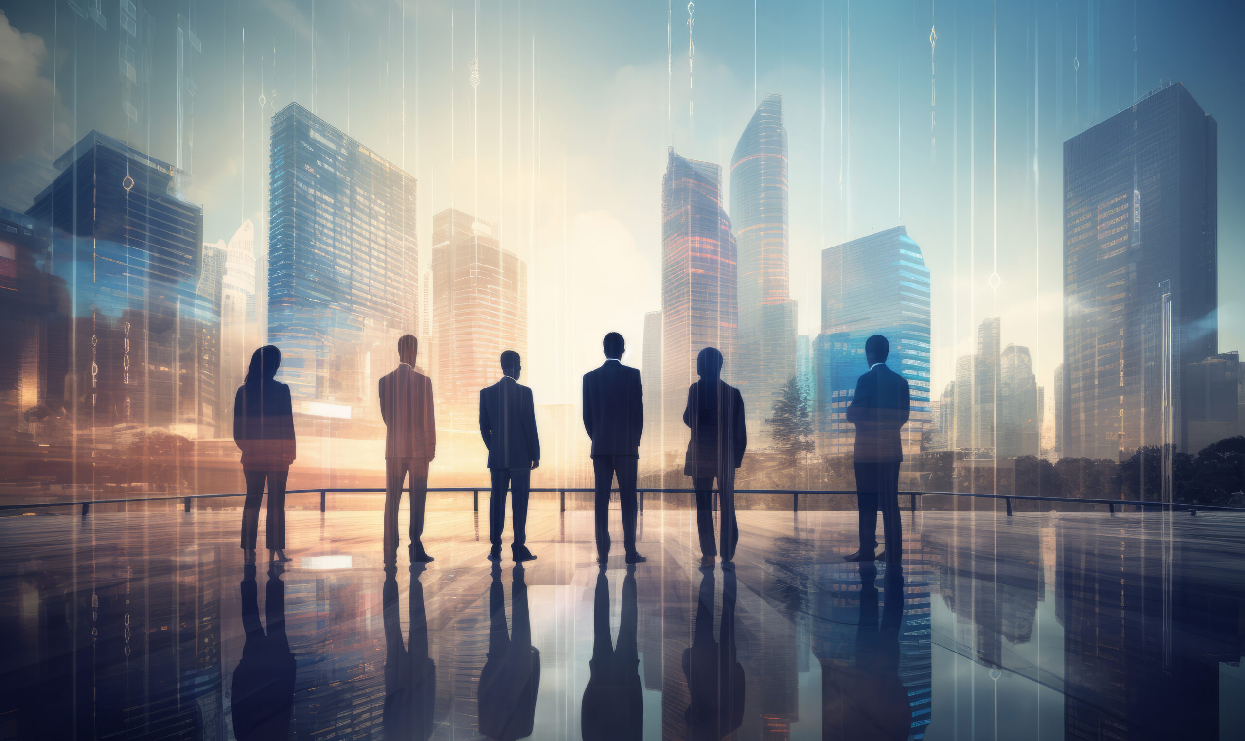 business people casting shadows in front of a city skyline